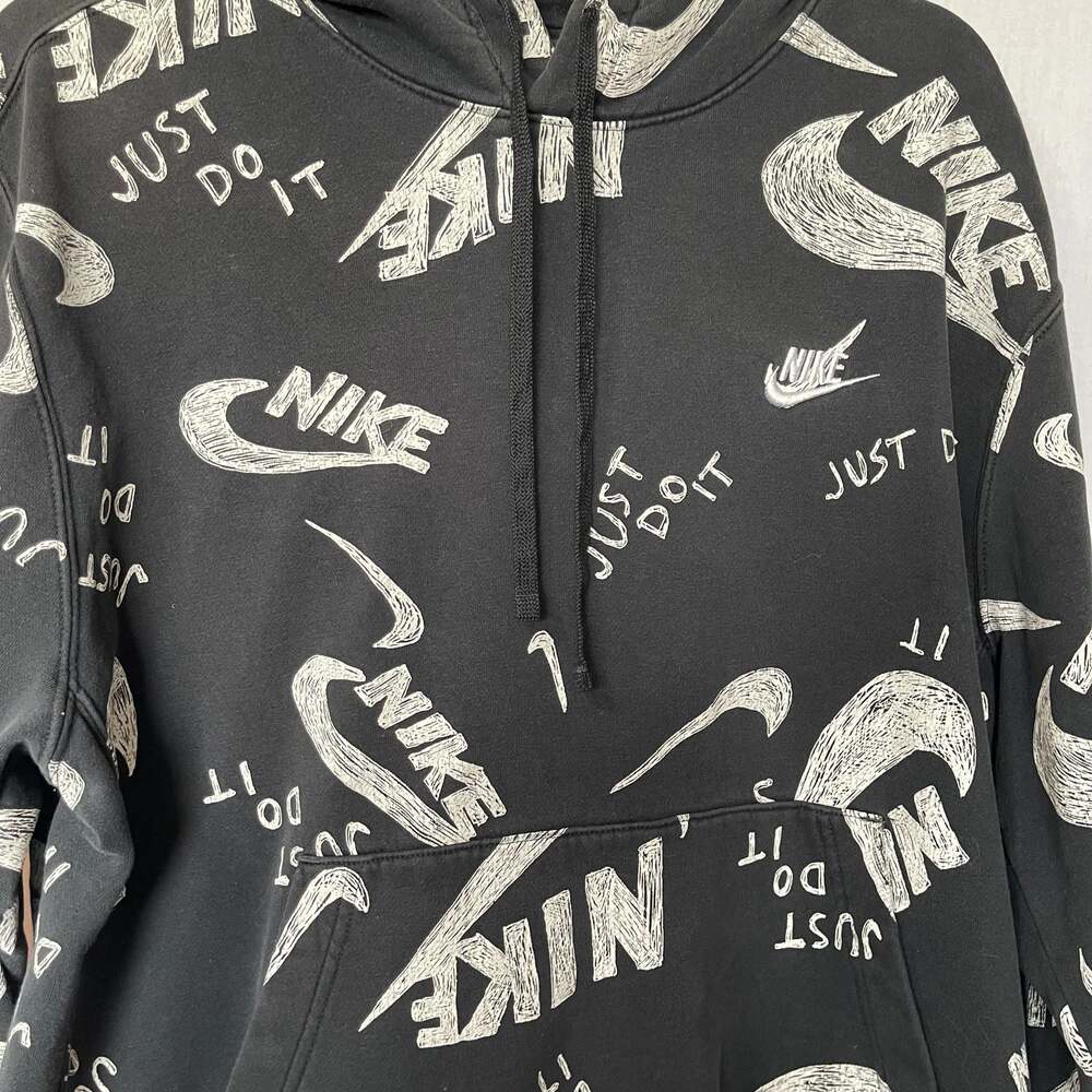 Nike Sportswear All Over Print Pullover Hoodie Sweatshirt Black Size Large - Picture 2 of 5